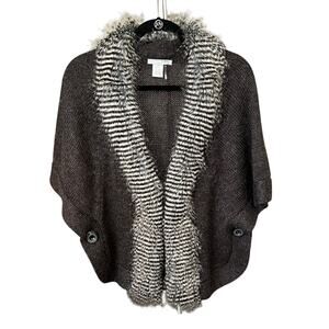 Alberto Mikali Taupe Faux Fur Trim Capelet Cardigan Sweater Size Small